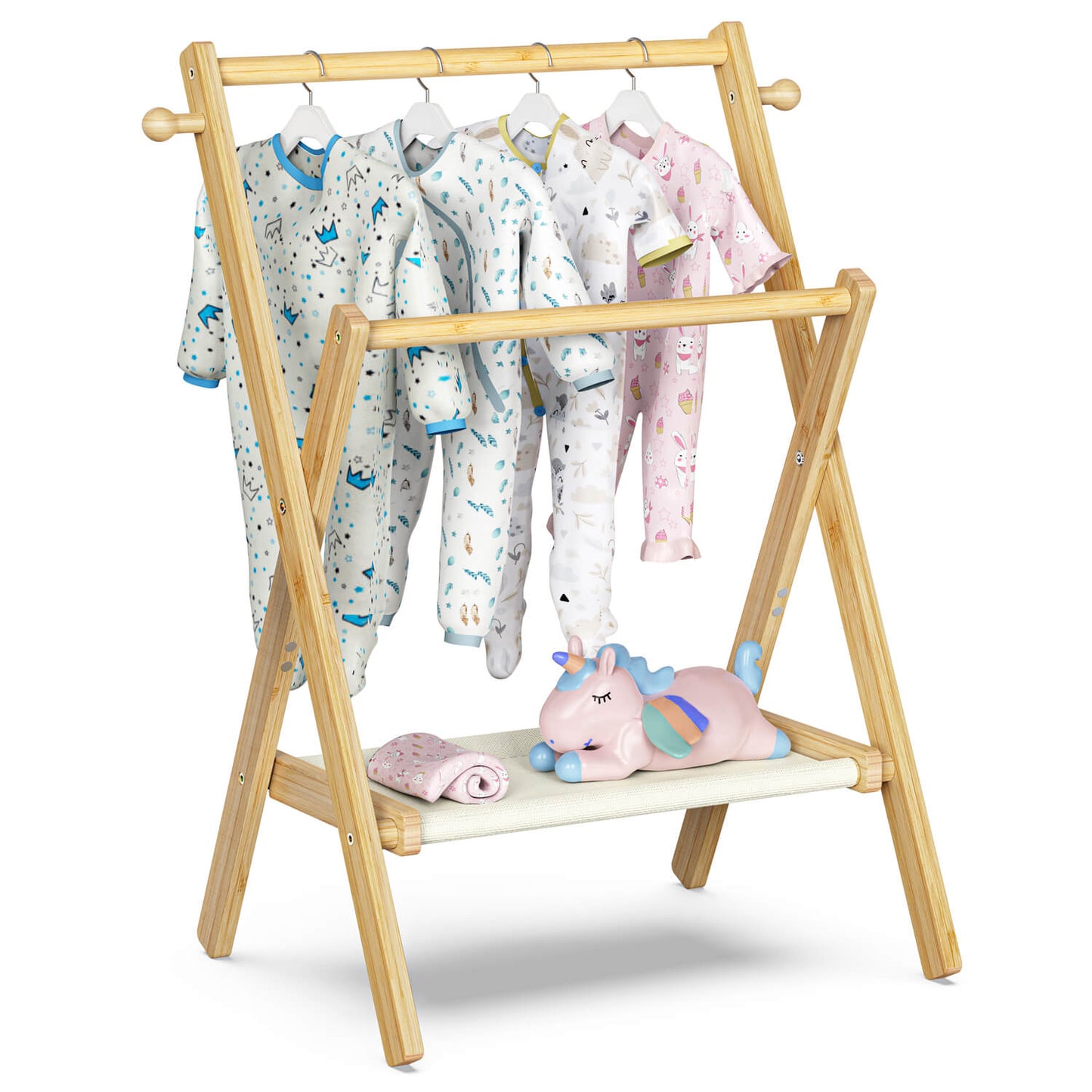 20.66'' Freestanding Bamboo Clothes Rack With Shelves, Garment Rack for Bedroom