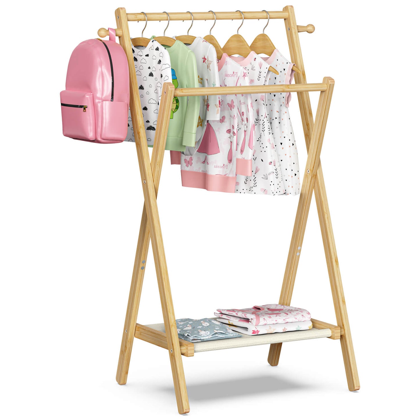 21.6''W Freestanding Bamboo Clothes Rack with Shelves, Garment Rack for Bedroom