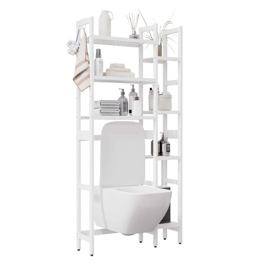Bamboo Adjustable Freestanding Over-the-Toilet Storage With Hooks And 7 Open Shelf