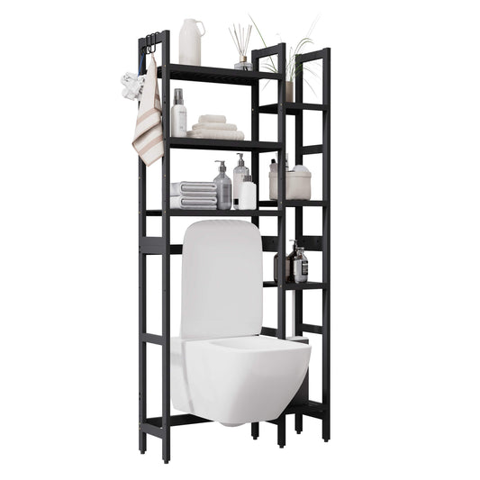 Bamboo Adjustable Freestanding Over-the-Toilet Storage With Hooks And 7 Open Shelf