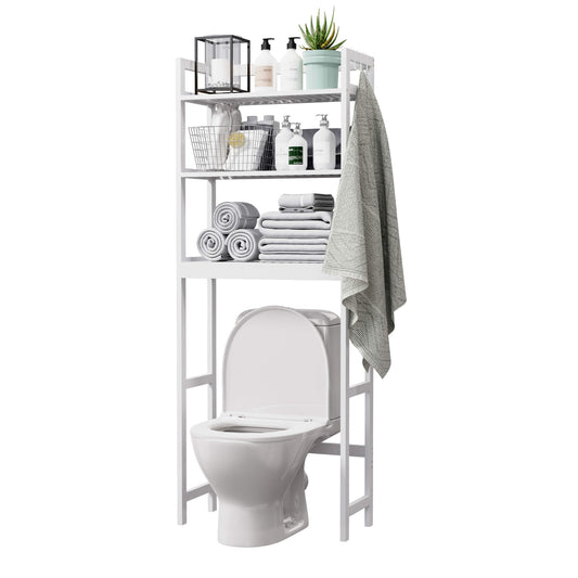 Bamboo Adjustable Freestanding Over-the-Toilet Storage With Hooks And 3 Open Shelf
