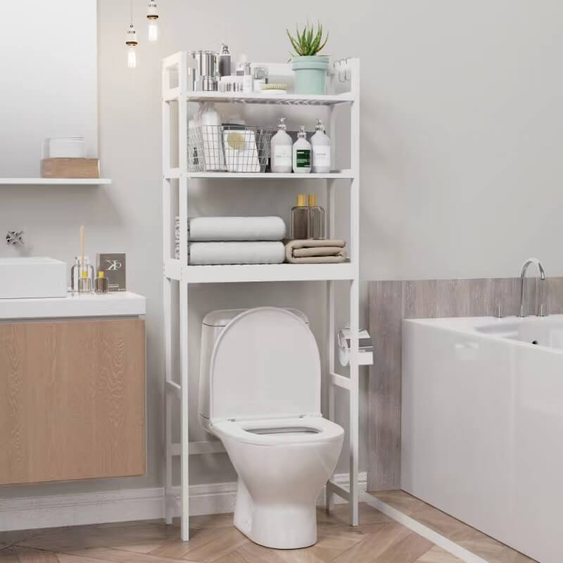Bamboo Adjustable Freestanding Over-the-Toilet Storage With Hooks And 3 Open Shelf