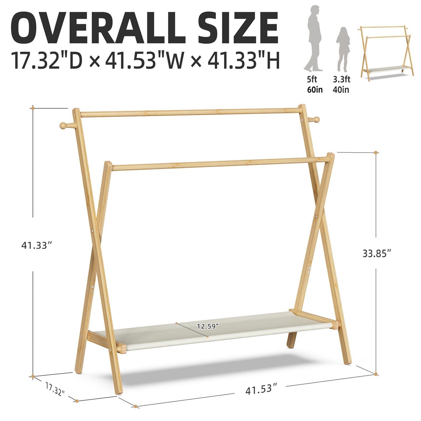 41.5''W Freestanding Bamboo Clothes Rack with Shelves, Garment Rack for Bedroom