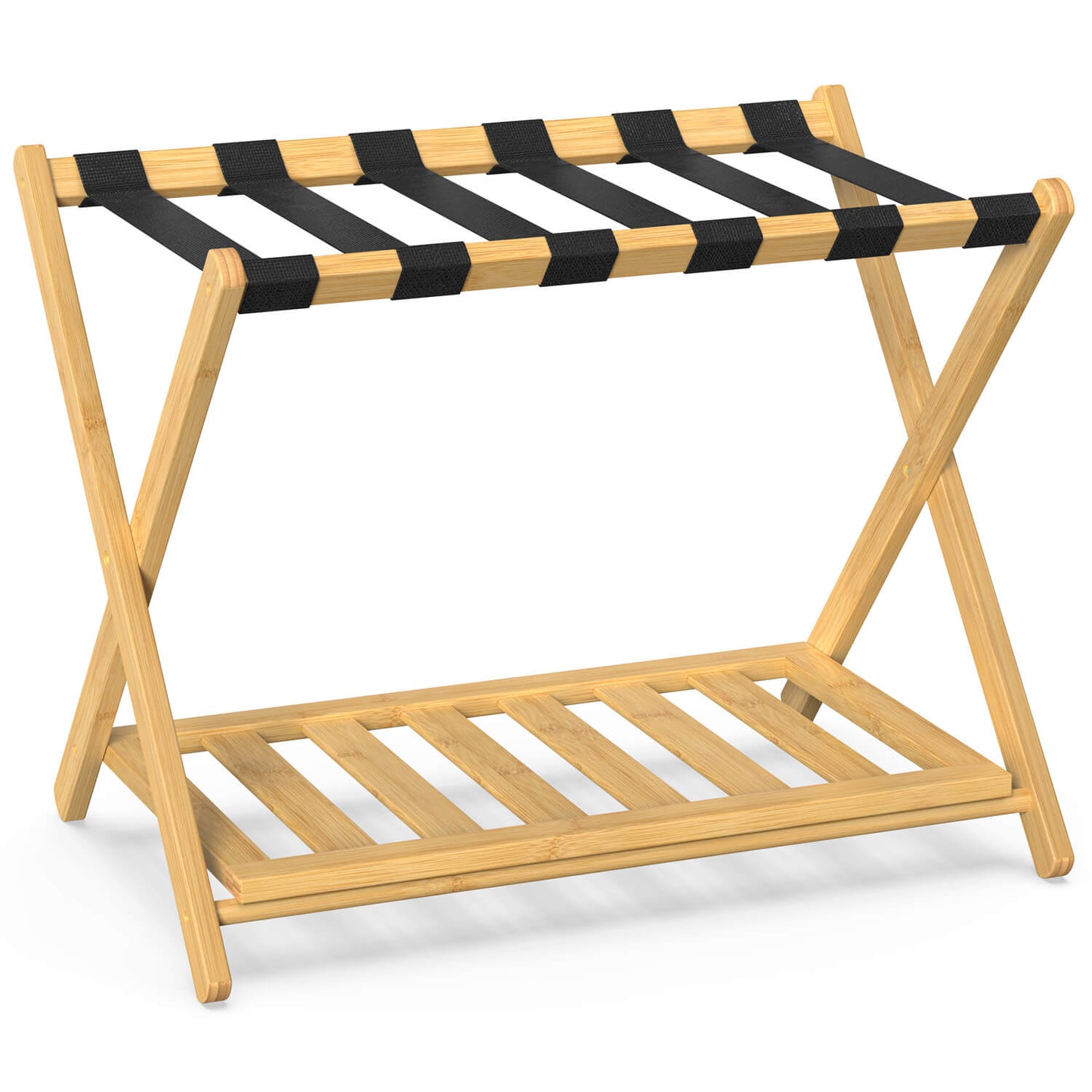 Folding Bamboo Luggage Rack with 6 Nylon Straps (2 Pack)