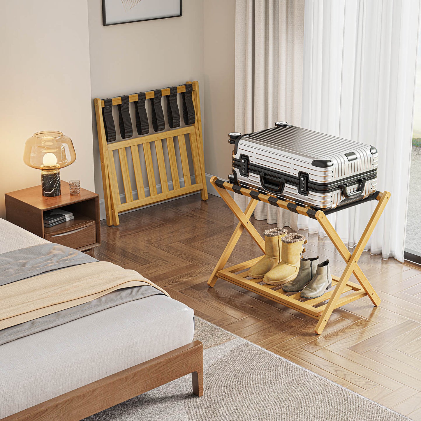 Folding Bamboo Luggage Rack with 6 Nylon Straps (2 Pack)