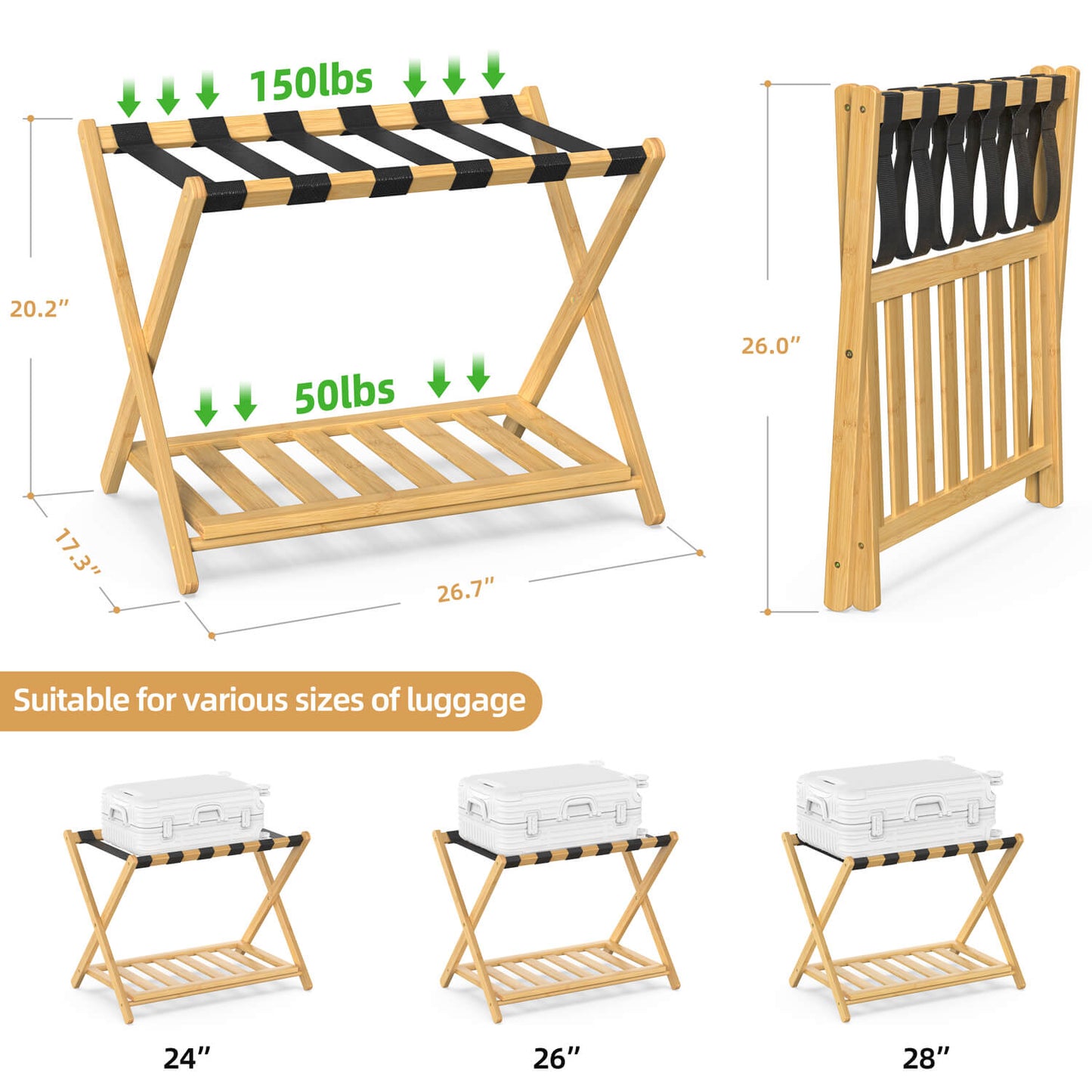 Folding Bamboo Luggage Rack with 6 Nylon Straps (2 Pack)
