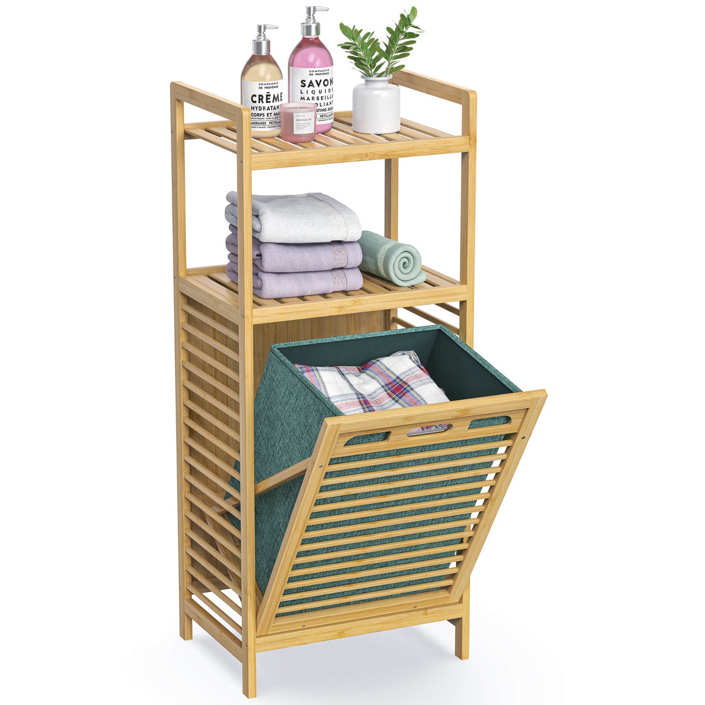 2-tier Bamboo Tilt-out Cabinet Laundry Hamper With Basket, Shelves And Handles