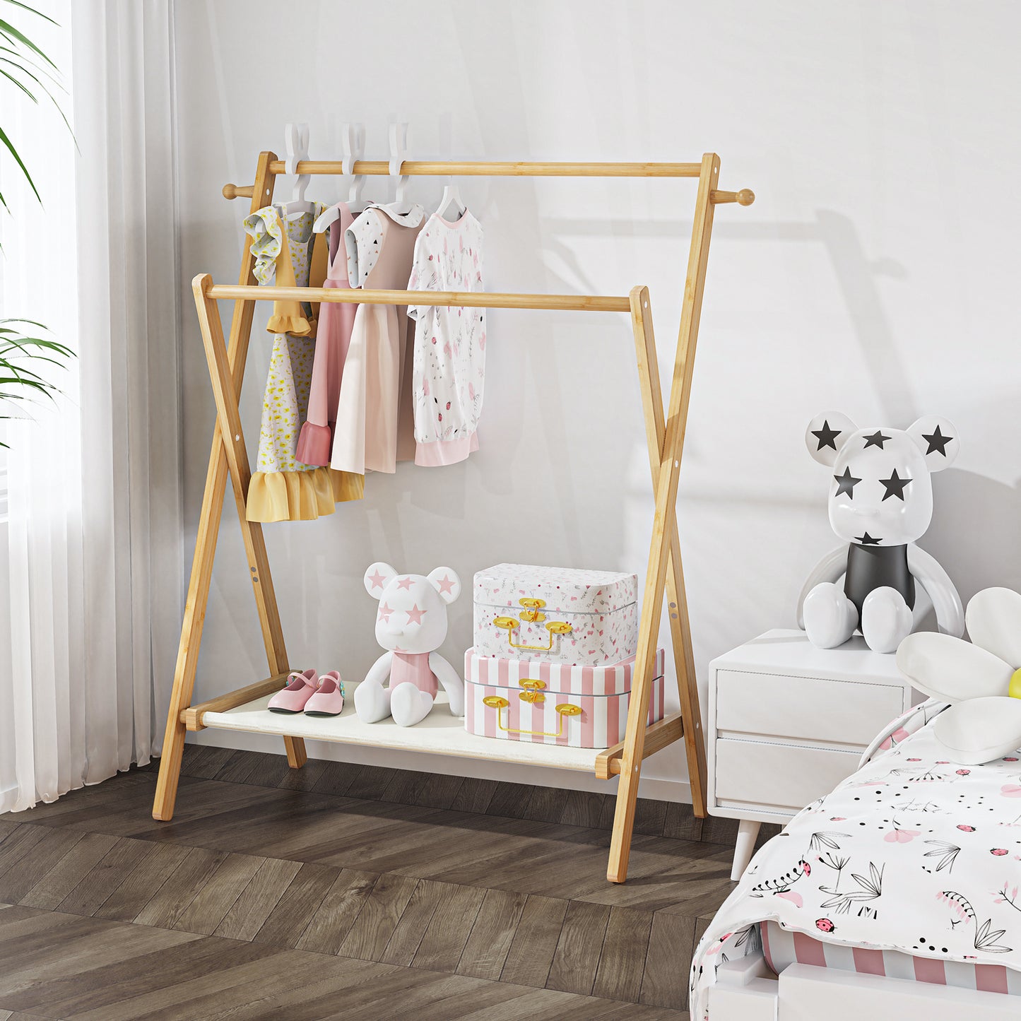 Freestanding Bamboo Clothes Rack with Shelves, Garment Rack for Bedroom (M)