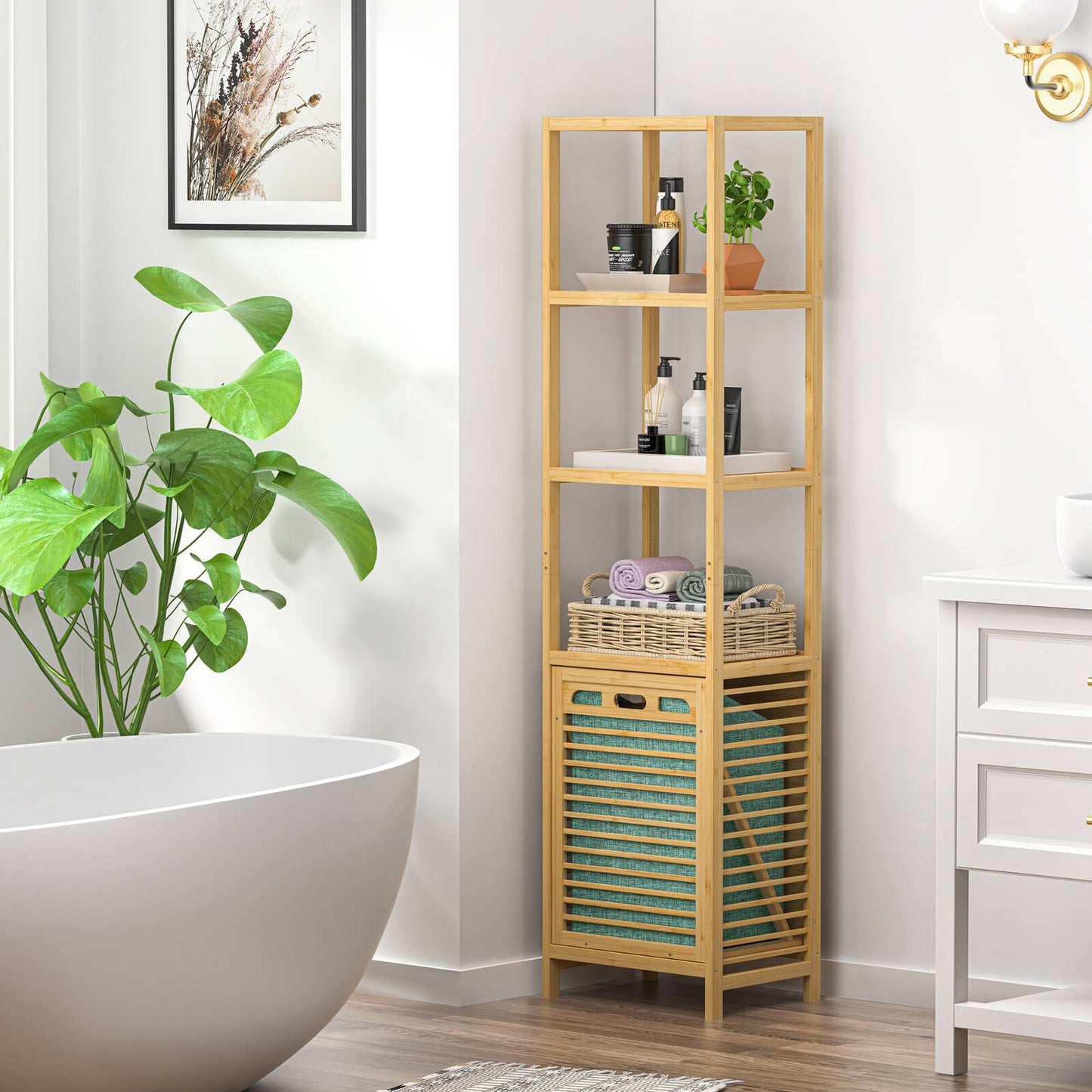 4-tier Bamboo Tilt-out Cabinet Laundry Hamper With Basket, Shelves And Handles
