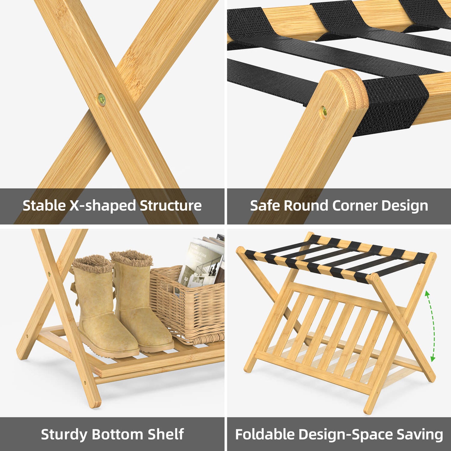 Folding Bamboo Luggage Rack with 6 Nylon Straps (2 Pack)
