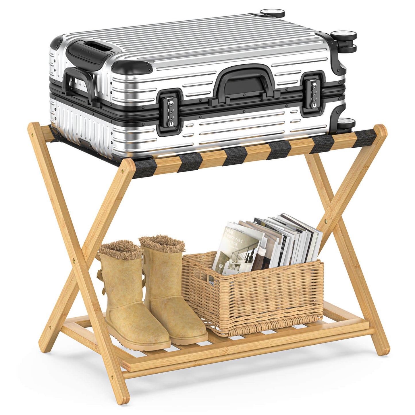 Folding Bamboo Luggage Rack with 6 Nylon Straps (2 Pack)