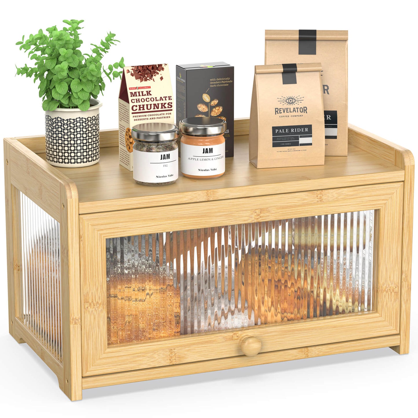 PLUSINTHEBOX Bamboo Bread Box with 3 Sides Wavy & Back Clear Window