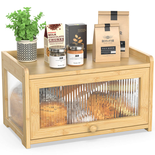 PLUSINTHEBOX Bamboo Bread Box with 3 Sides Wavy & Back Clear Window