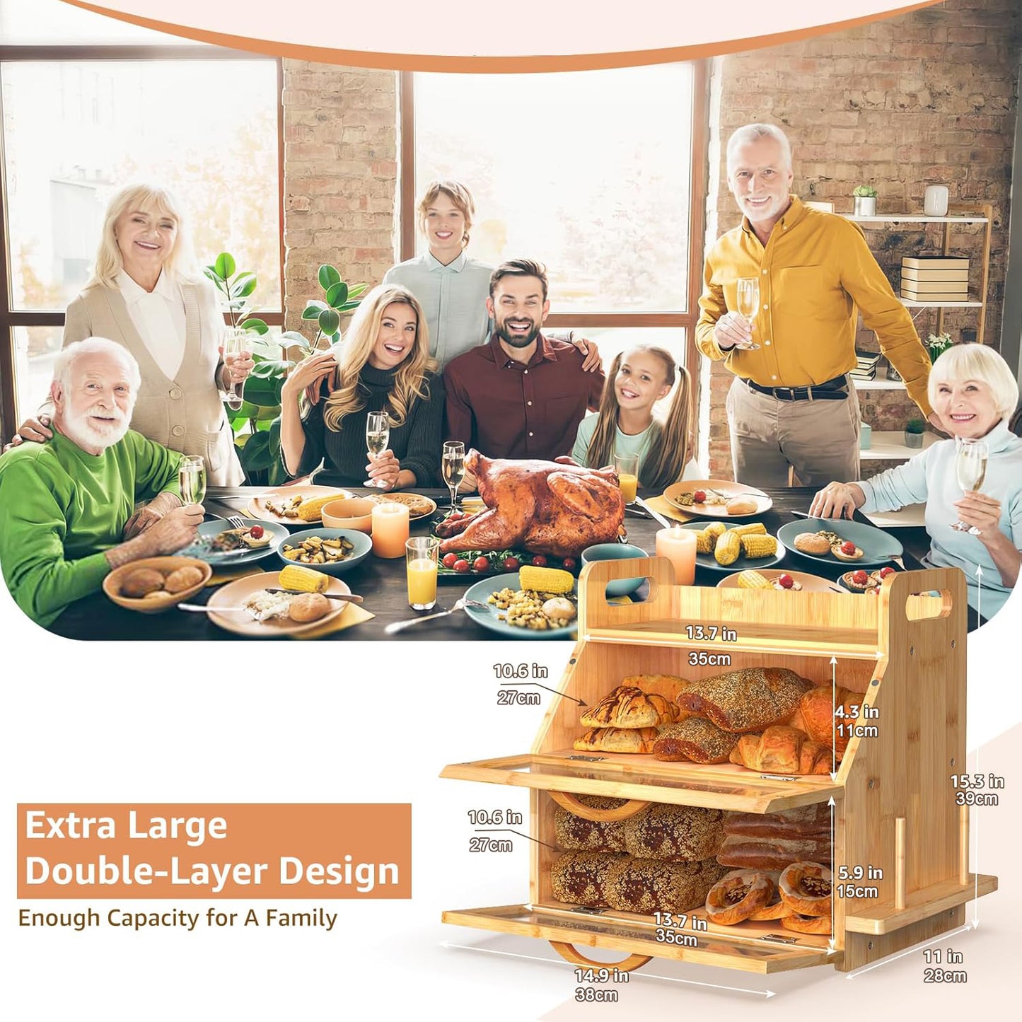 Extra Large Double Layer Bamboo Bread Box with Tool Holder - Natural