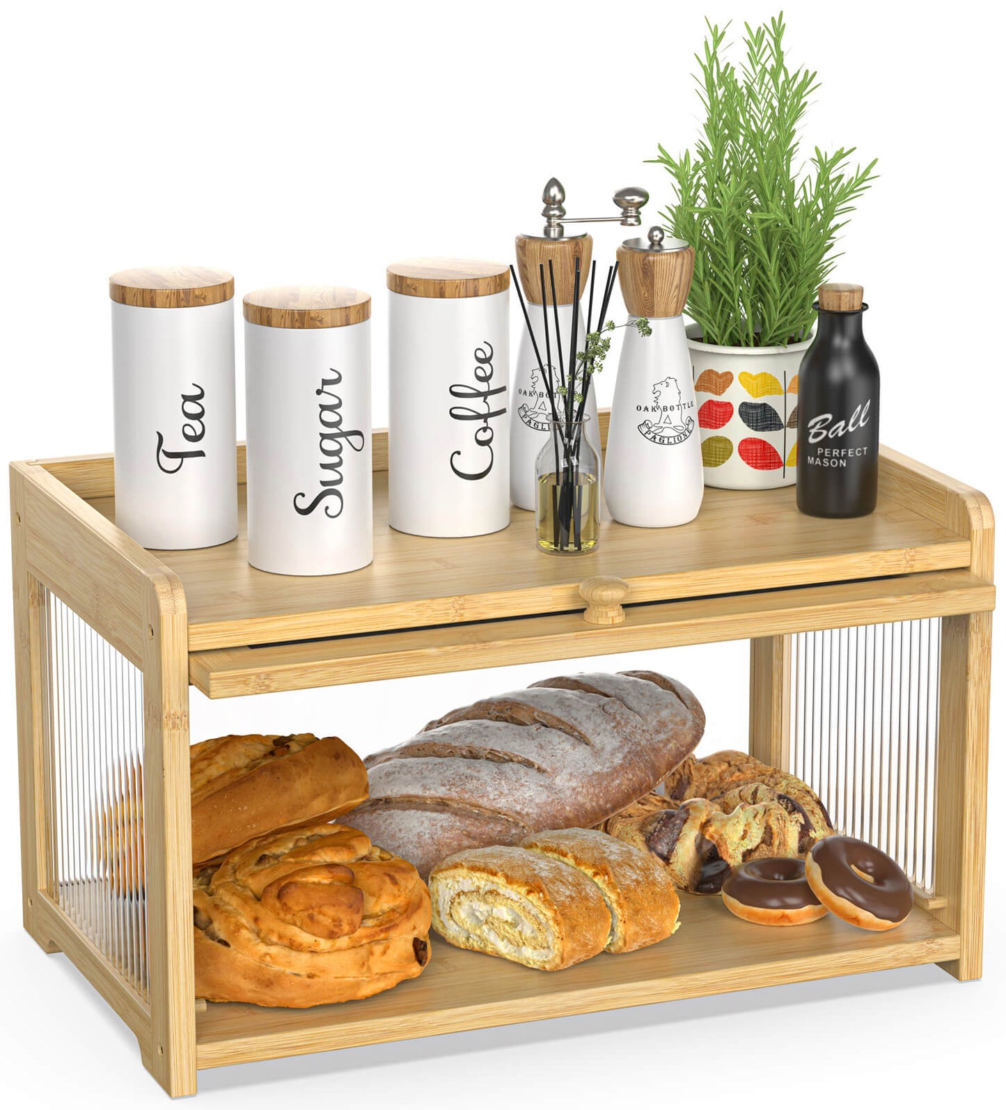 PLUSINTHEBOX Bamboo Bread Box with 3 Sides Wavy & Back Clear Window
