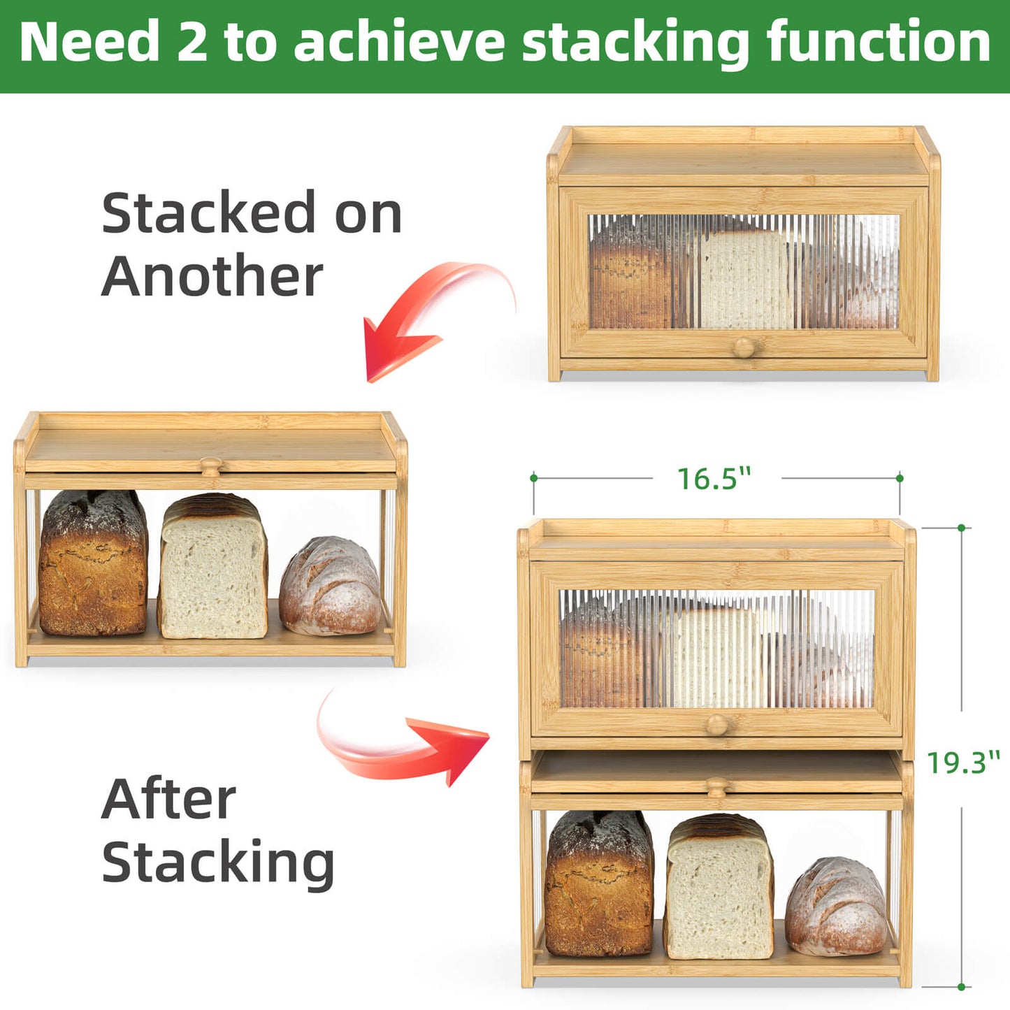 PLUSINTHEBOX Bamboo Bread Box with 3 Sides Wavy & Back Clear Window