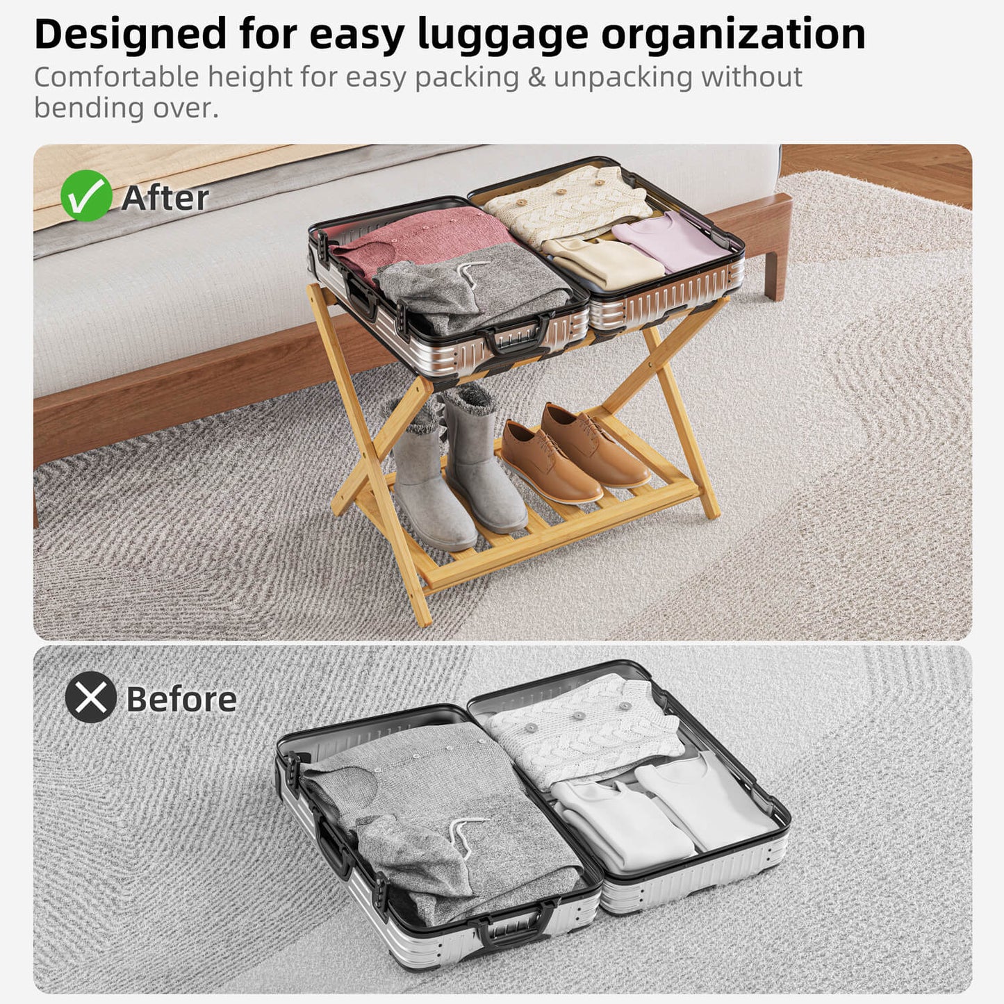 Folding Bamboo Luggage Rack with 6 Nylon Straps (2 Pack)