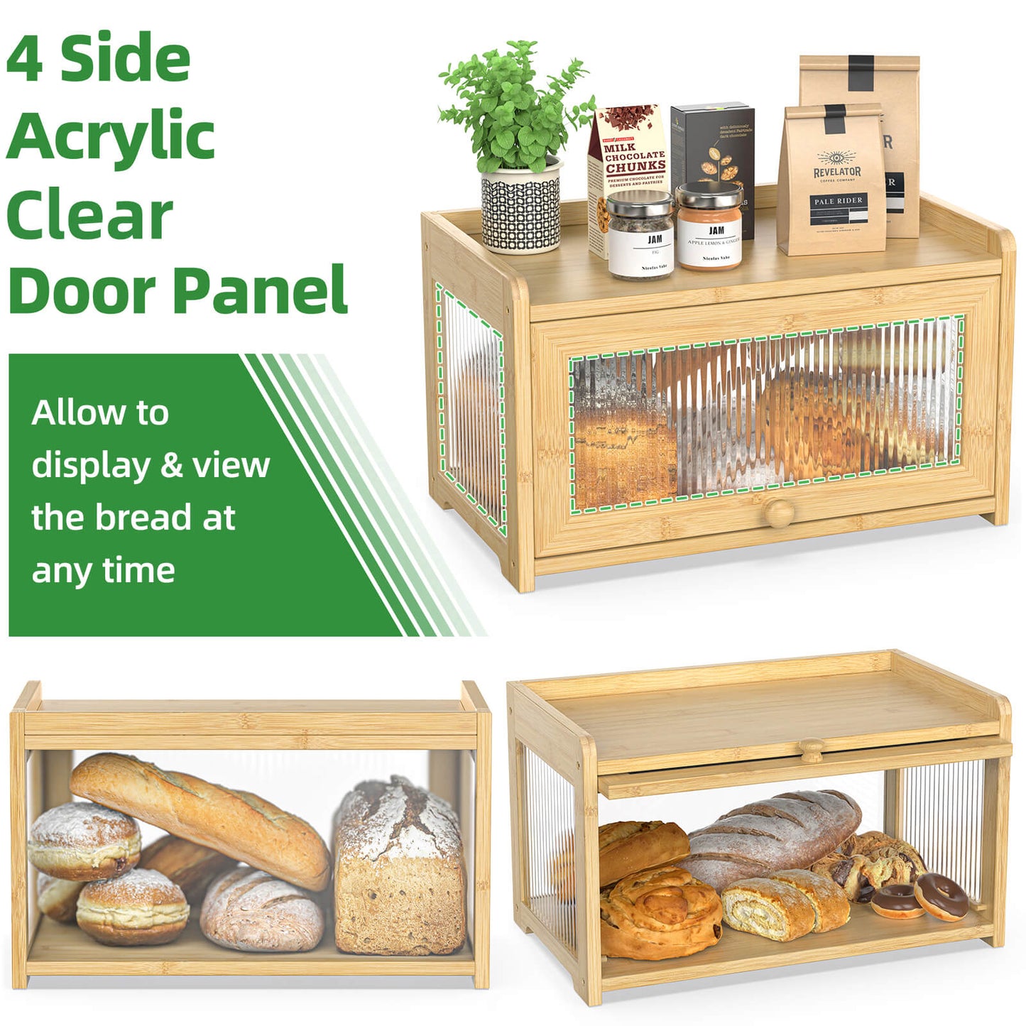 PLUSINTHEBOX Bamboo Bread Box with 3 Sides Wavy & Back Clear Window