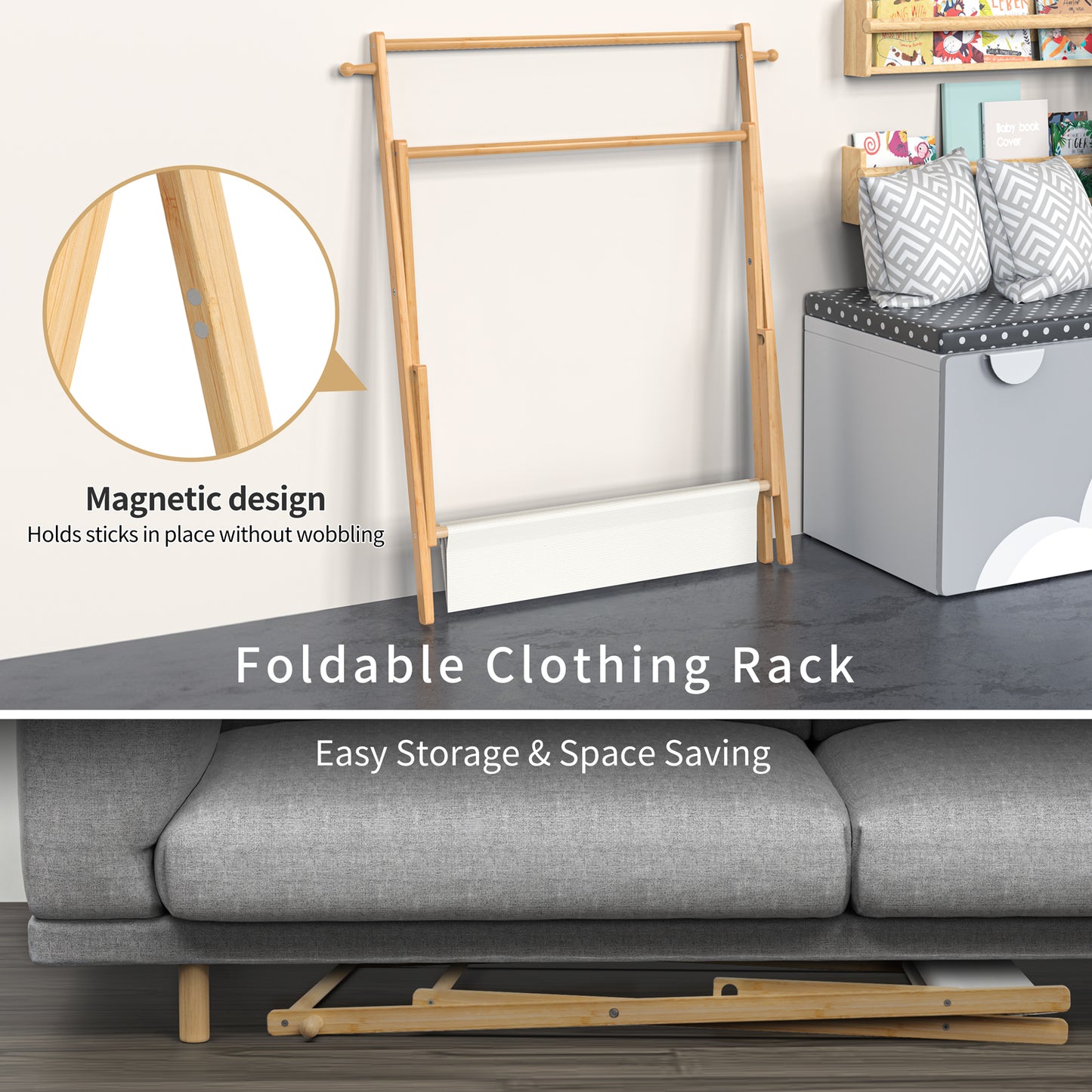 Freestanding Bamboo Clothes Rack with Shelves, Garment Rack for Bedroom (M)