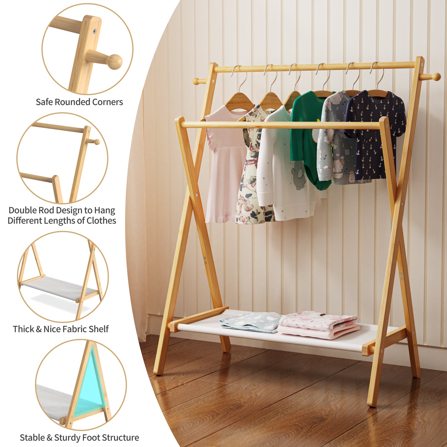 Freestanding Bamboo Clothes Rack with Shelves, Garment Rack for Bedroom (M)
