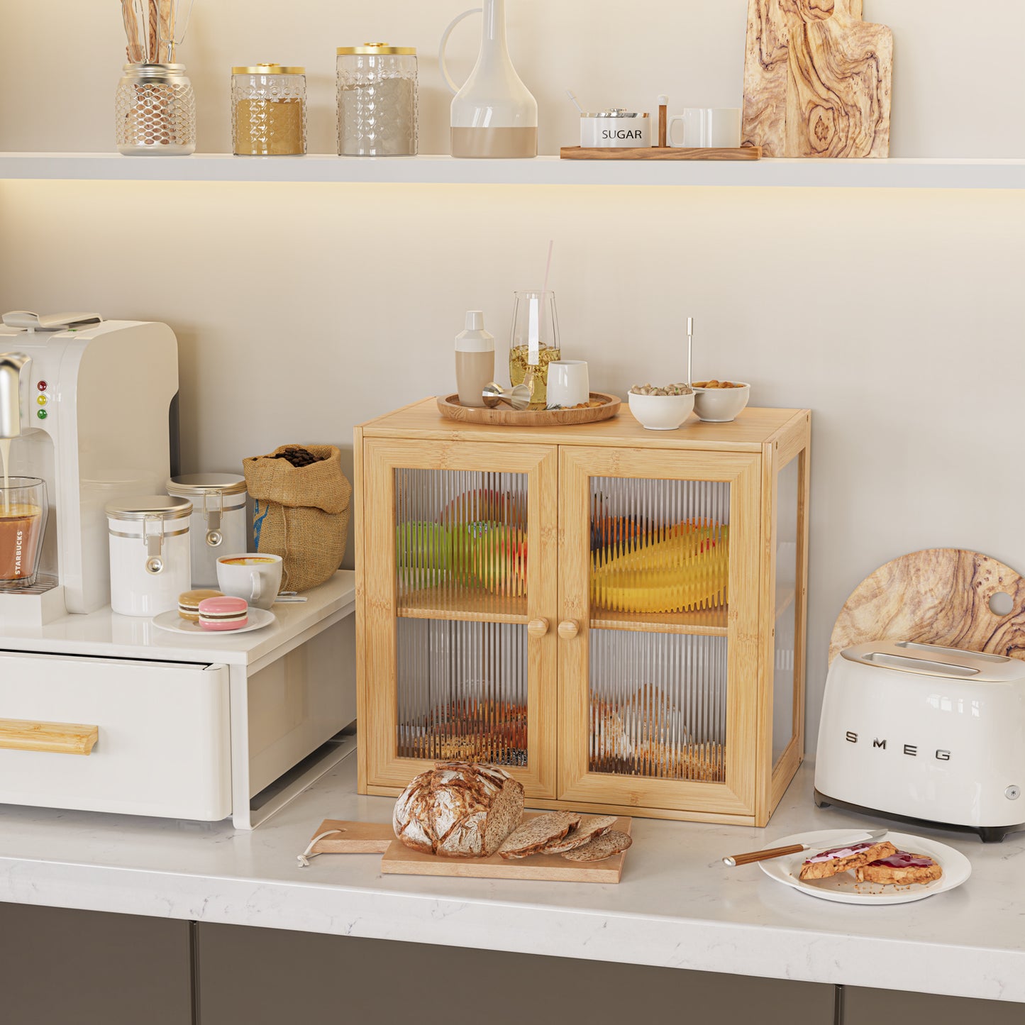 Bamboo Bread Box with 3 Sides Wavy & Back Clear Window (2 Tier 2 Doors)