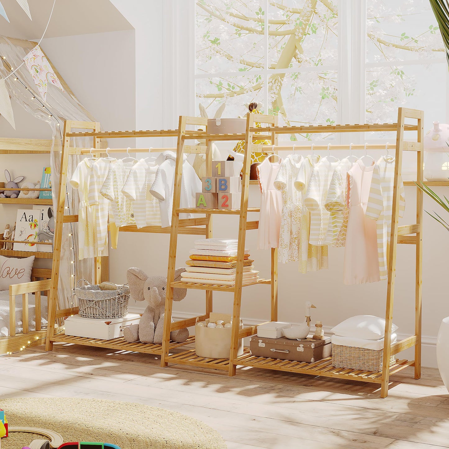 Bamboo Kids Clothing Rack with Shelves - Large Size