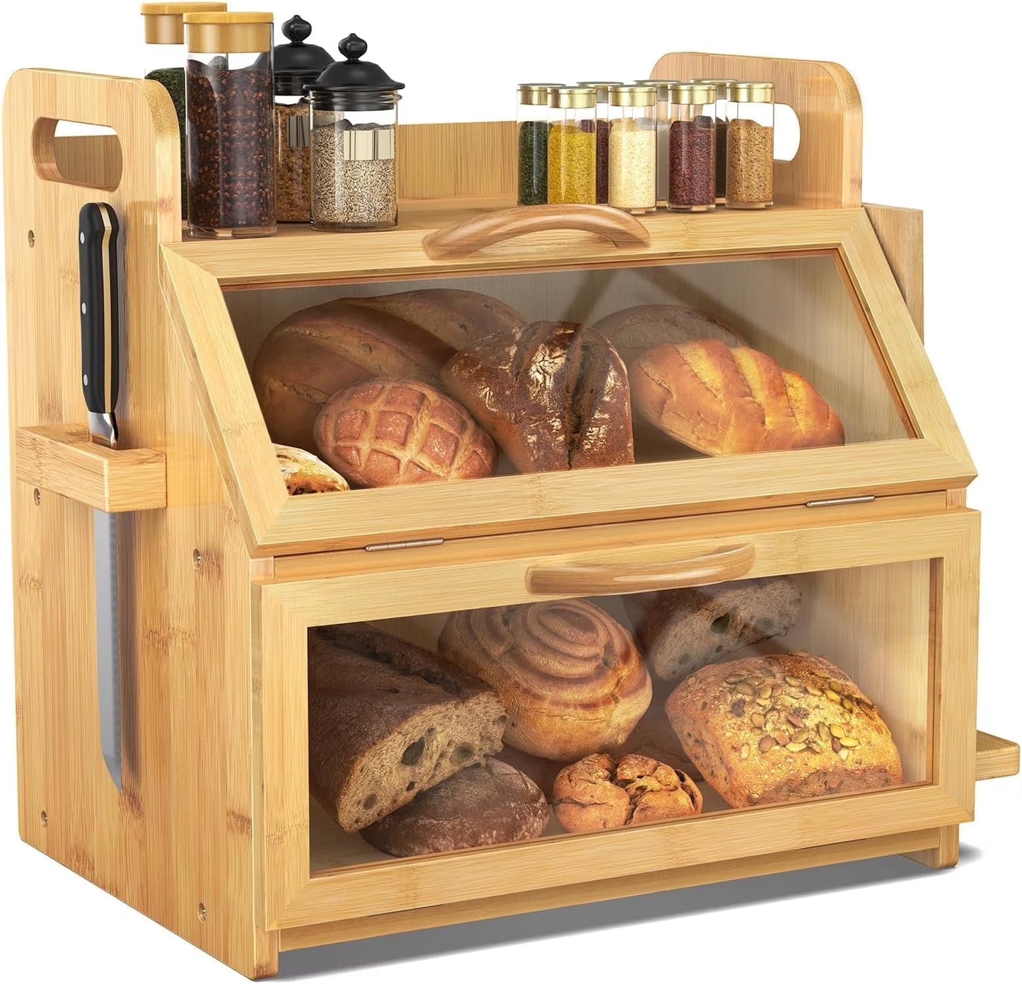 Extra Large Double Layer Bamboo Bread Box with Tool Holder - Natural