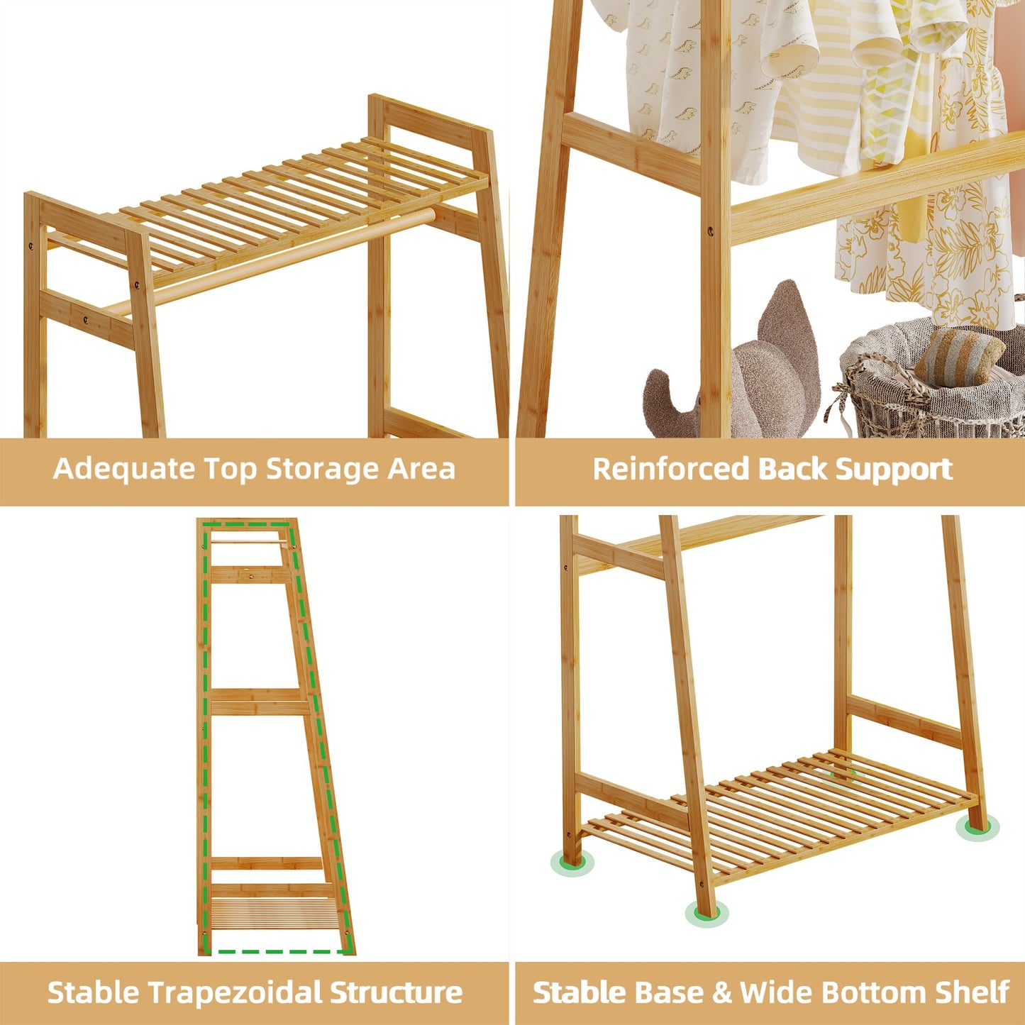Bamboo Kids Clothing Rack with Shelves - Small Size
