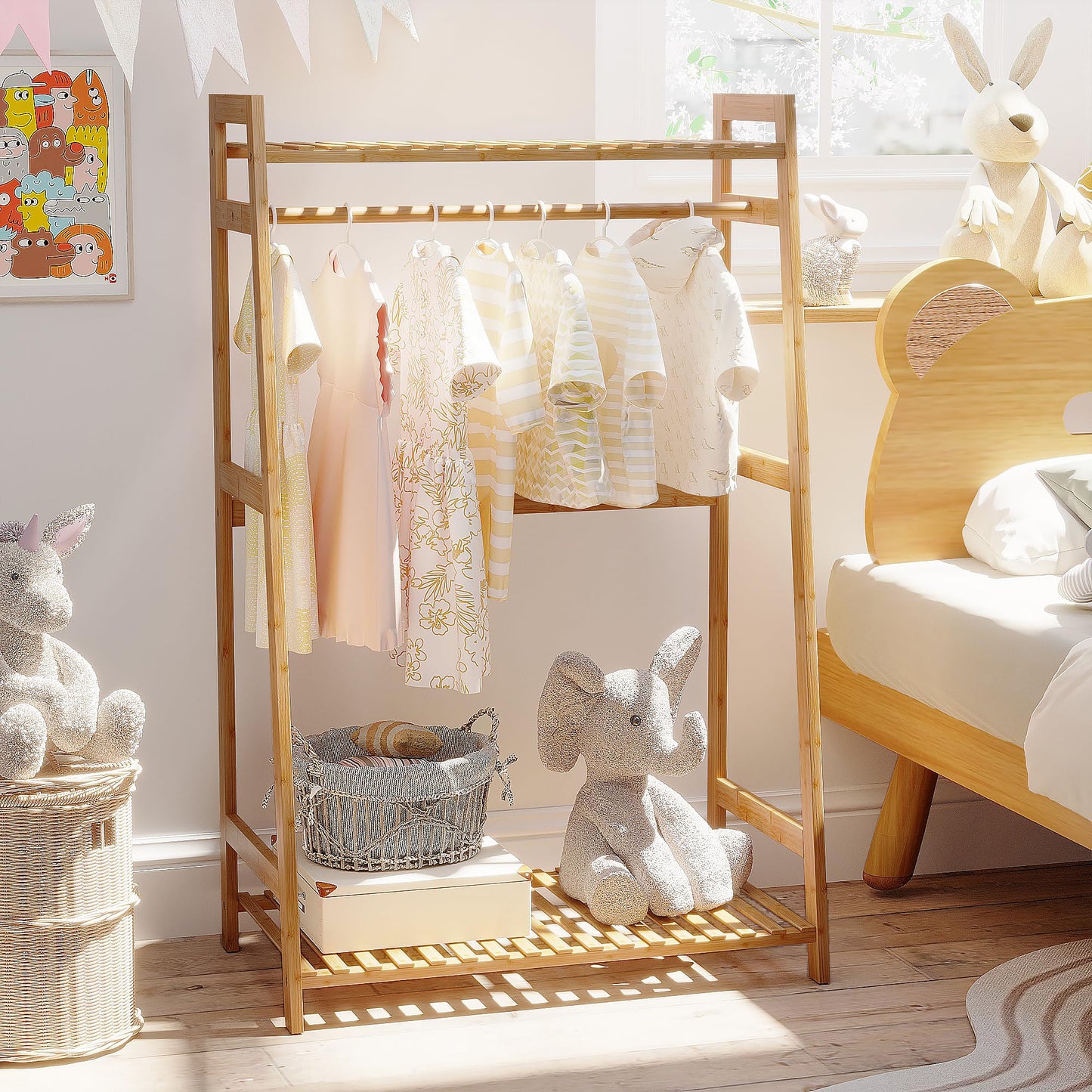 Bamboo Kids Clothing Rack with Shelves - Small Size